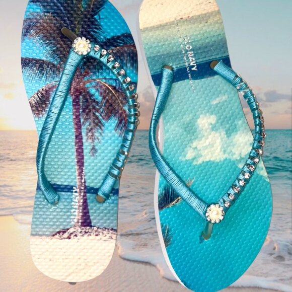 Tropical Flip Flops, Rhinestones, Crystals, Beach Wedding, Pool Party Gift Sz 6 - Picture 3 of 16